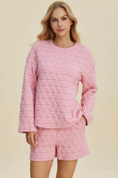 Double Take Full Size Texture Round Neck Long Sleeve Top and Shorts Set Pink for a perfect OOTD – dress to impress outfits from Amexza