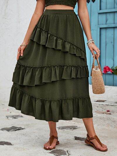 Honey Ruffled Elastic Waist Midi Skirt for a perfect OOTD – dress to impress outfits from Amexza