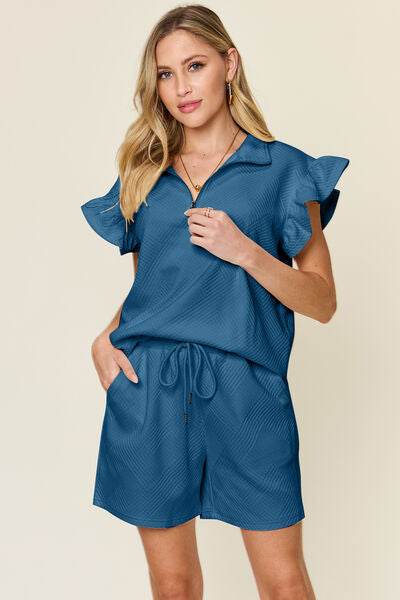 Double Take Full Size Texture Flounce Sleeve Top and Drawstring Shorts Set Deep Teal for a perfect OOTD – dress to impress outfits from Amexza