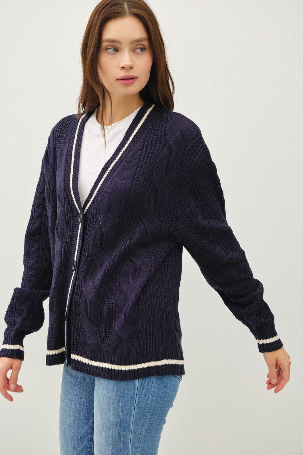 Be Cool Contrast Trim Cable-Knit V-Neck Cardigan for a perfect OOTD – dress to impress outfits from Amexza