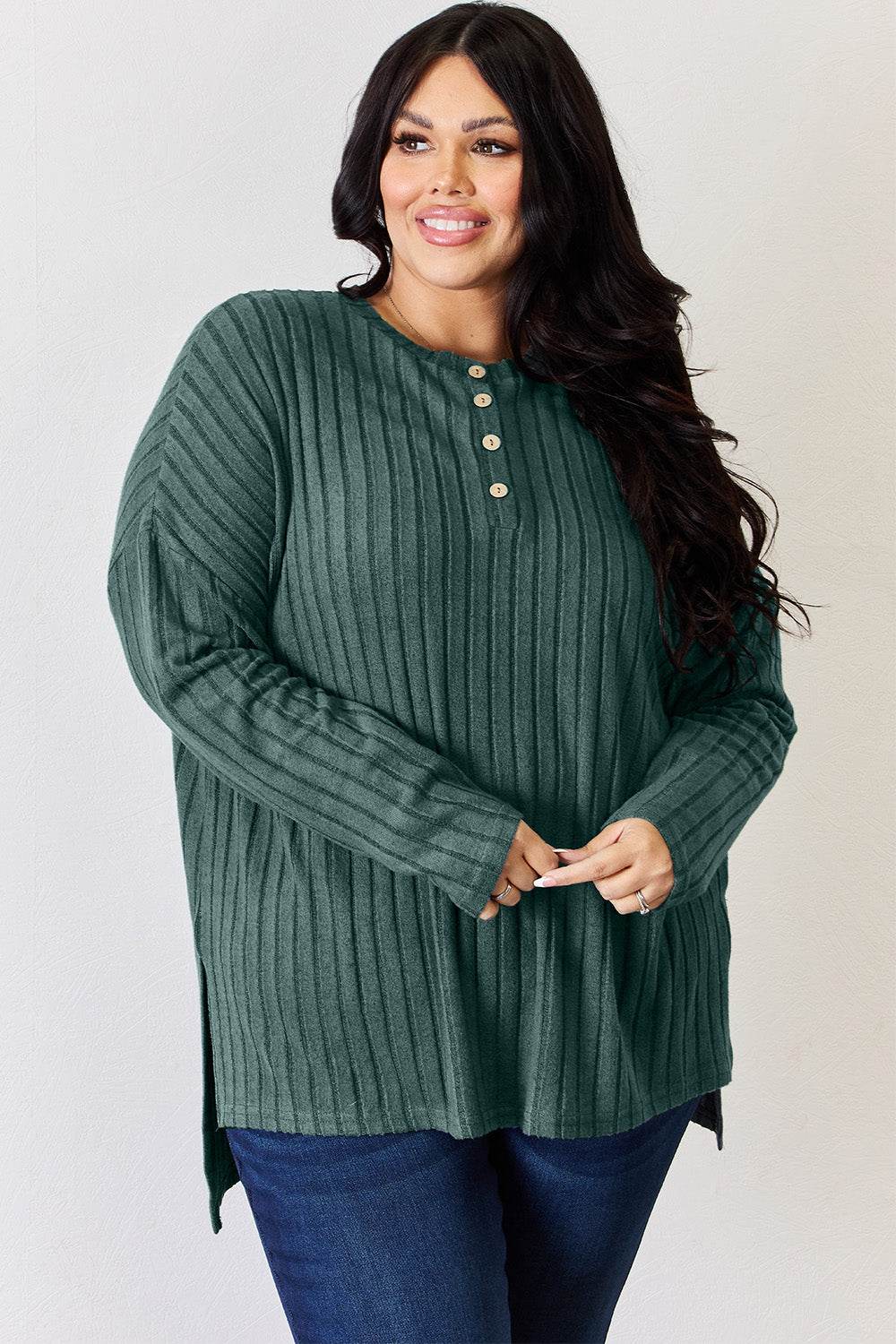 Basic Bae Full Size Ribbed Half Button Long Sleeve High-Low T-Shirt for a perfect OOTD – dress to impress outfits from Amexza