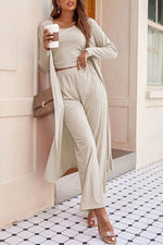 Drawstring Tank, Long Sleeve Cover Up and Pants Set Beige for a perfect OOTD – dress to impress outfits from Amexza