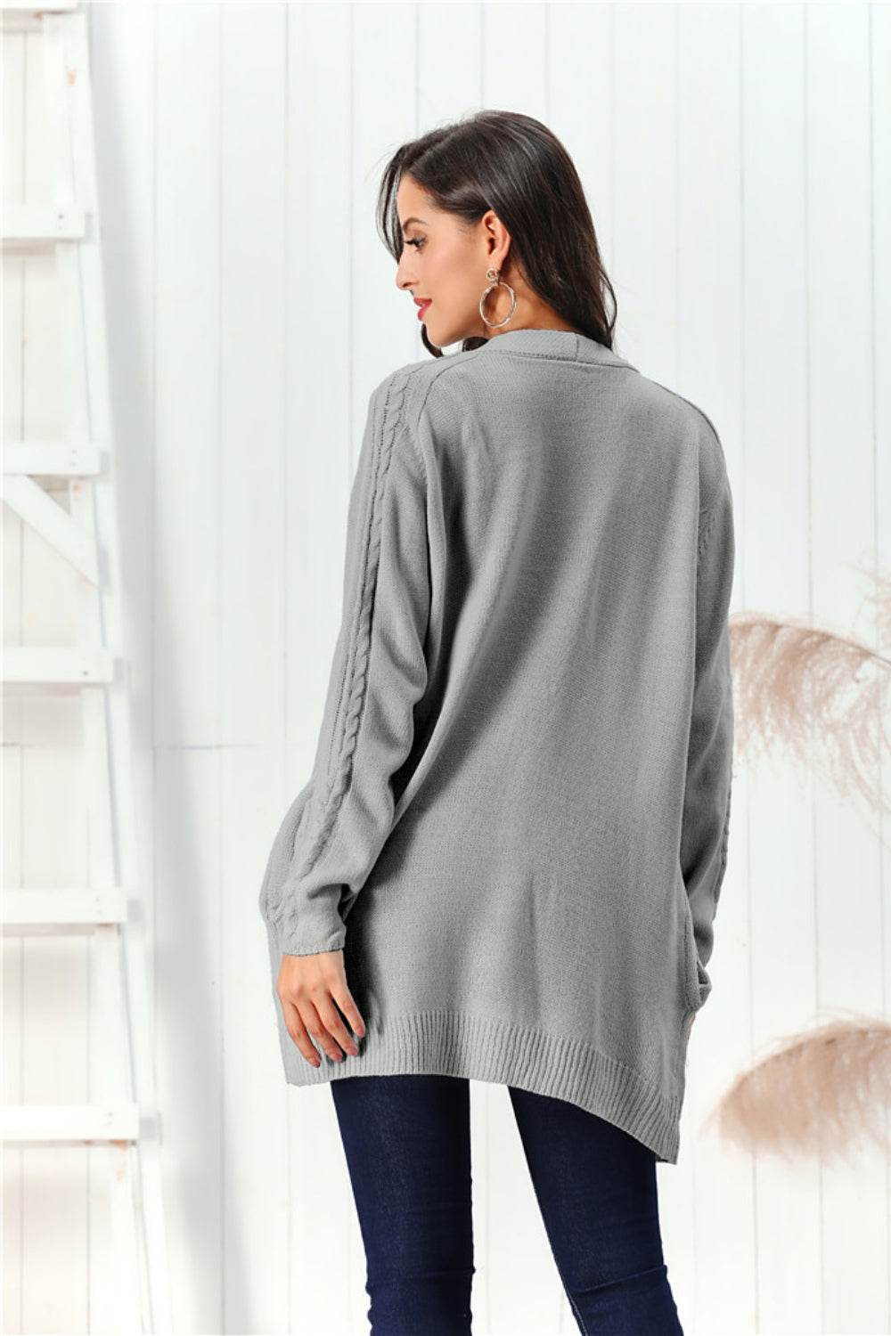 Cable-Knit Open Front Long Sleeve Cardigan for a perfect OOTD – dress to impress outfits from Amexza