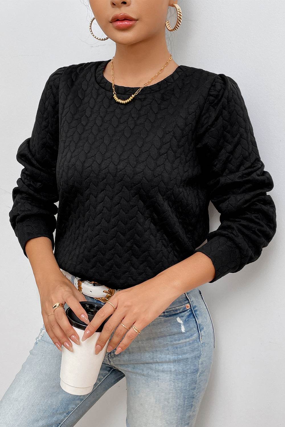 Texture Round Neck Long Sleeve Sweatshirt - Amexza