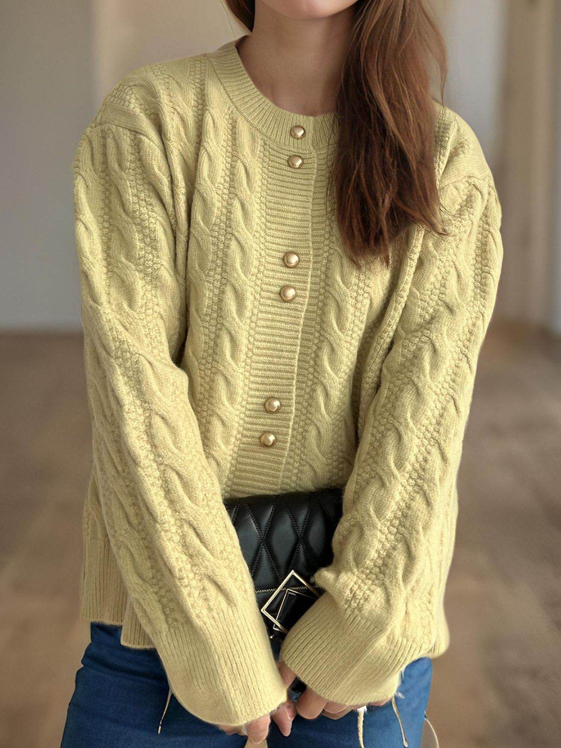 Cable-Knit Round Neck Long Sleeve Cardigan Pastel Yellow One Size for a perfect OOTD – dress to impress outfits from Amexza