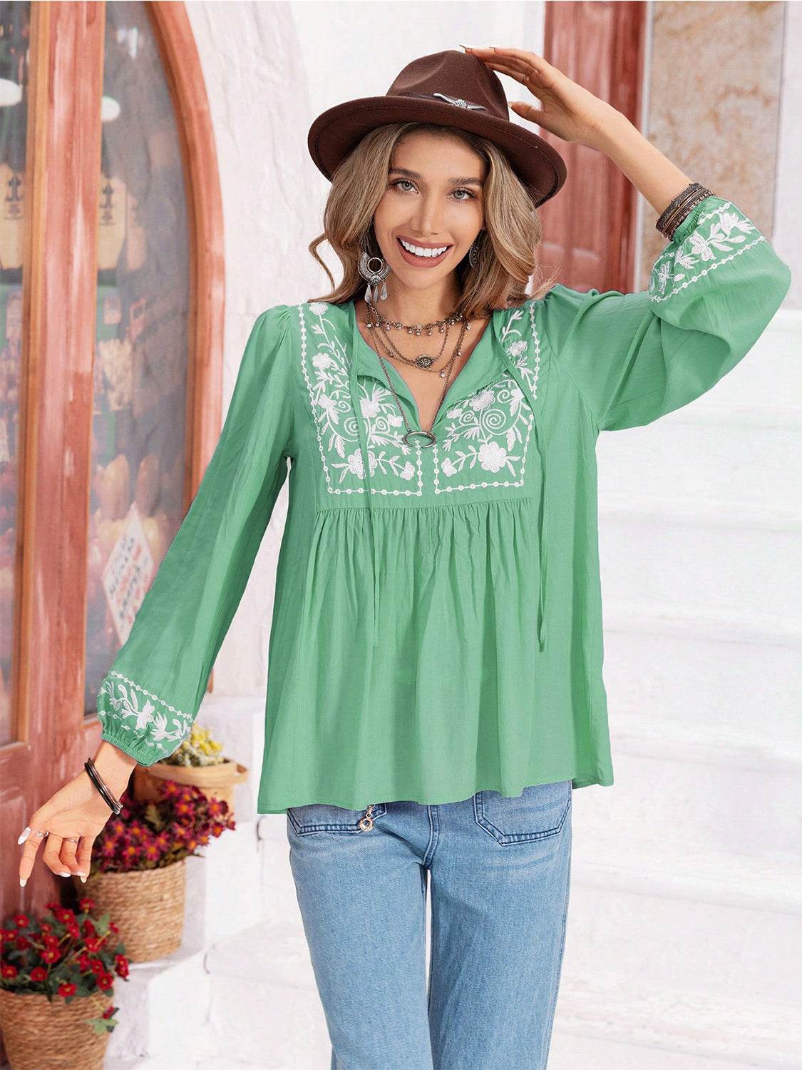 Floral Tie Neck Balloon Sleeve Blouse for a perfect OOTD – dress to impress outfits from Amexza