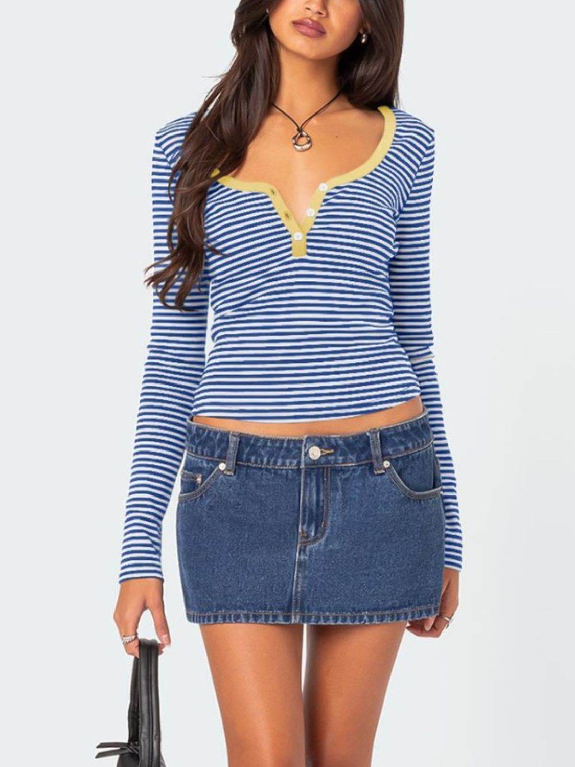 Buttoned Striped Long Sleeve T-Shirt for a perfect OOTD – dress to impress outfits from Amexza