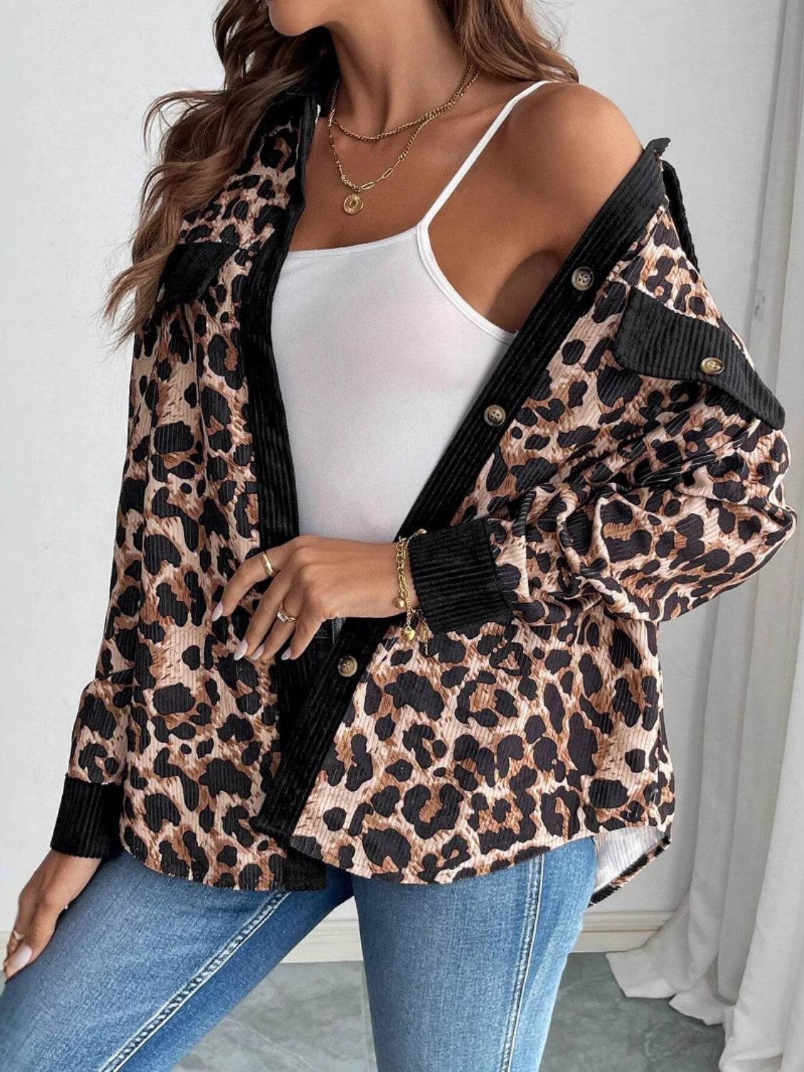 Leopard Collared Neck Button Up Shacket for a perfect OOTD – dress to impress outfits from Amexza