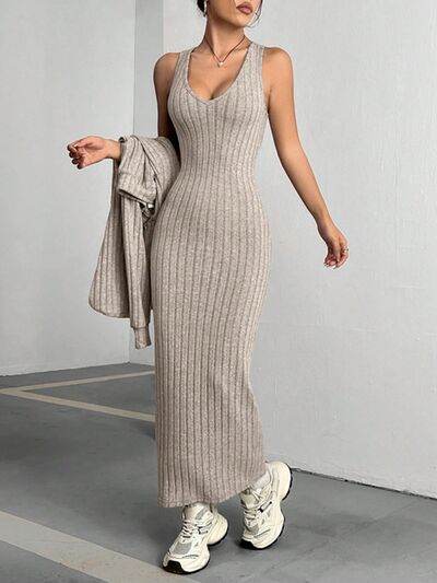 Ribbed Cropped Hooded Top and V-Neck Tank Dress Set for a perfect OOTD – dress to impress outfits from Amexza