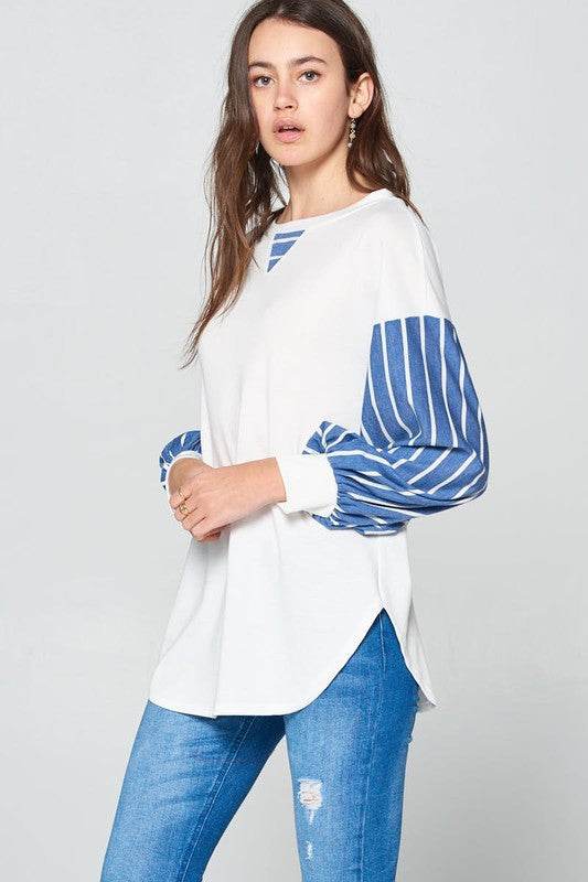 Super Lady Full Size French Terry Striped Long Sleeve Top for a perfect OOTD – dress to impress outfits from Amexza