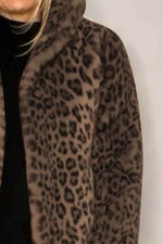 Full Size Leopard Furry Collared Neck Long Sleeve Coat - Amexza