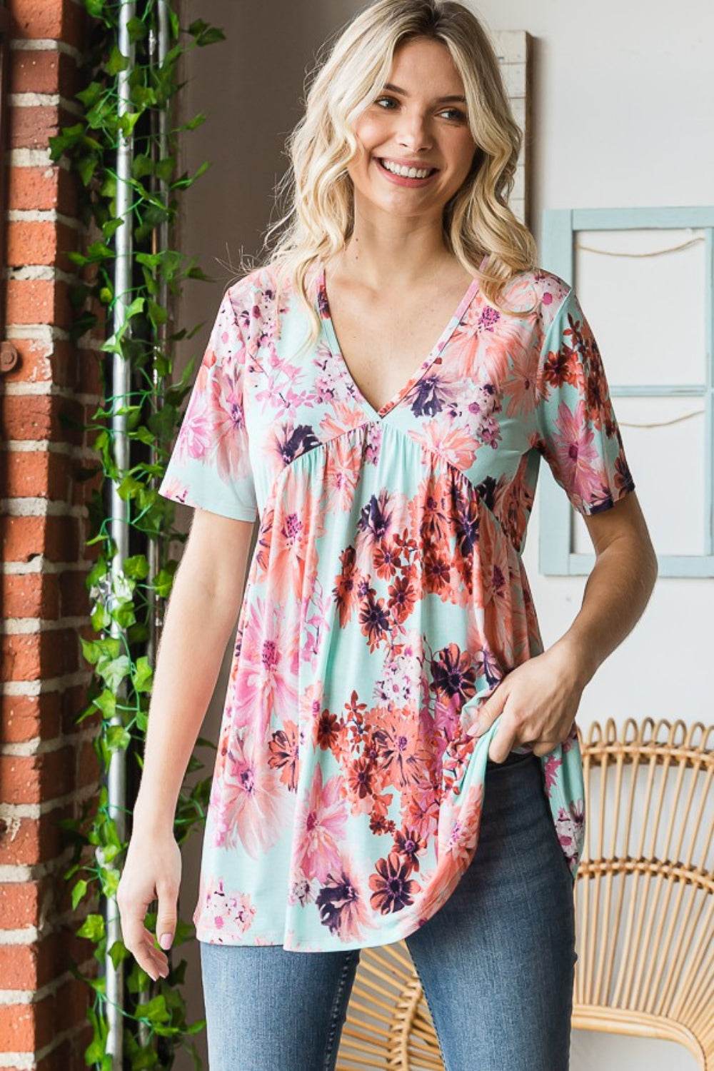 Heimish Full Size Floral V-Neck Short Sleeve Babydoll Blouse for a perfect OOTD – dress to impress outfits from Amexza