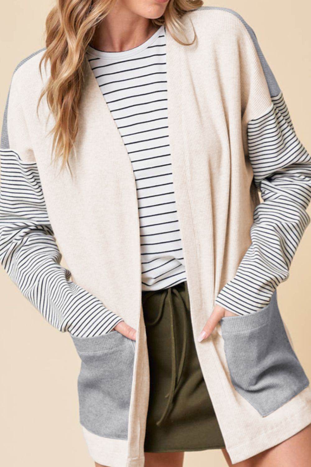 Open Front Long Sleeve Striped Cardigan with Pockets Light Gray for a perfect OOTD – dress to impress outfits from Amexza