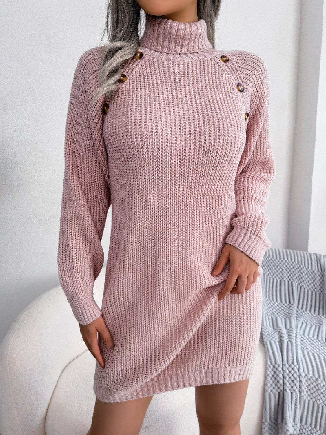 Decorative Button Turtleneck Sweater Dress for a perfect OOTD – dress to impress outfits from Amexza