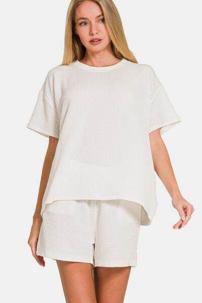 Zenana Rib Short Sleeve T-Shirt and Shorts Set Off White for a perfect OOTD – dress to impress outfits from Amexza