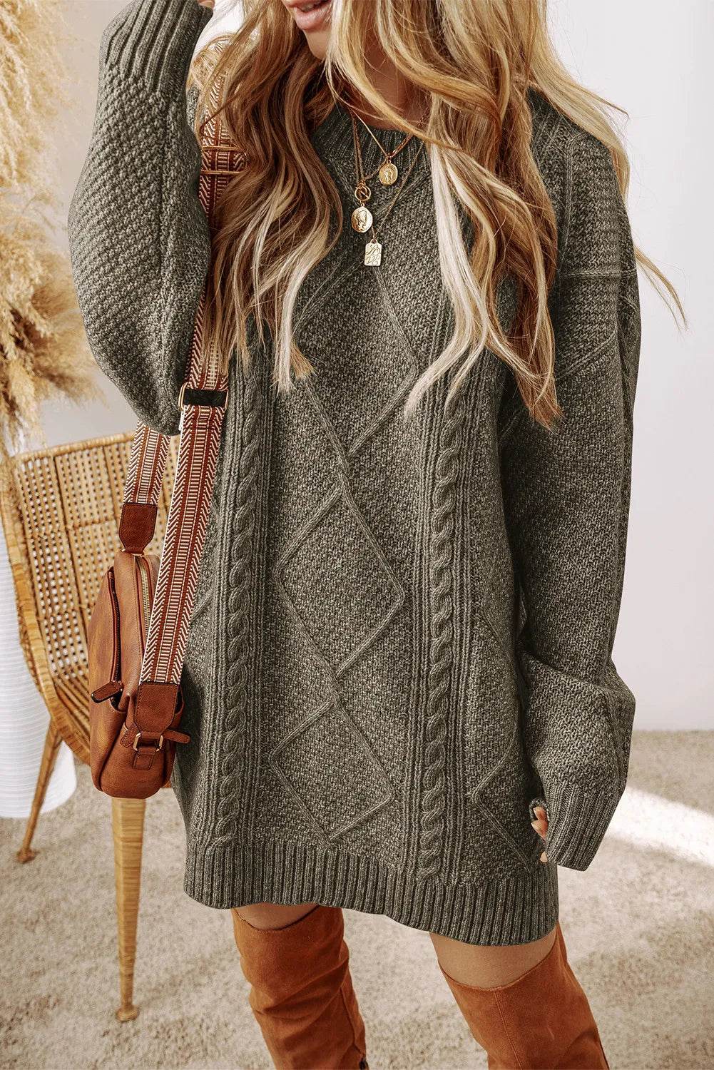 Cable-Knit Round Neck Sweater Dress - Amexza