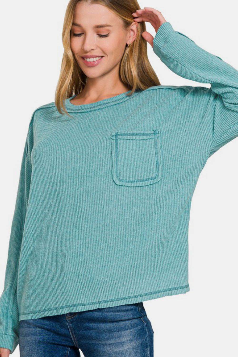 Zenana Full Size Contrast Stitching Brushed Ribbed Hacci Knit Top Plu Size Teal for a perfect OOTD – dress to impress outfits from Amexza