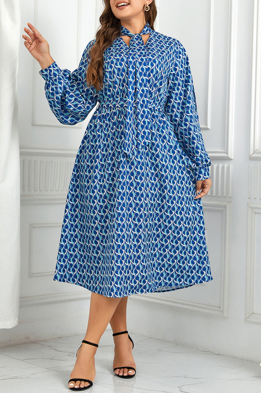 Honey Plus Size Printed Tie Neck Midi Dress - Azure / 1XL