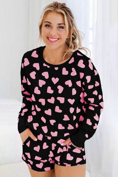 Heart Print Long Sleeve Top and Shorts Lounge Set for a perfect OOTD – dress to impress outfits from Amexza