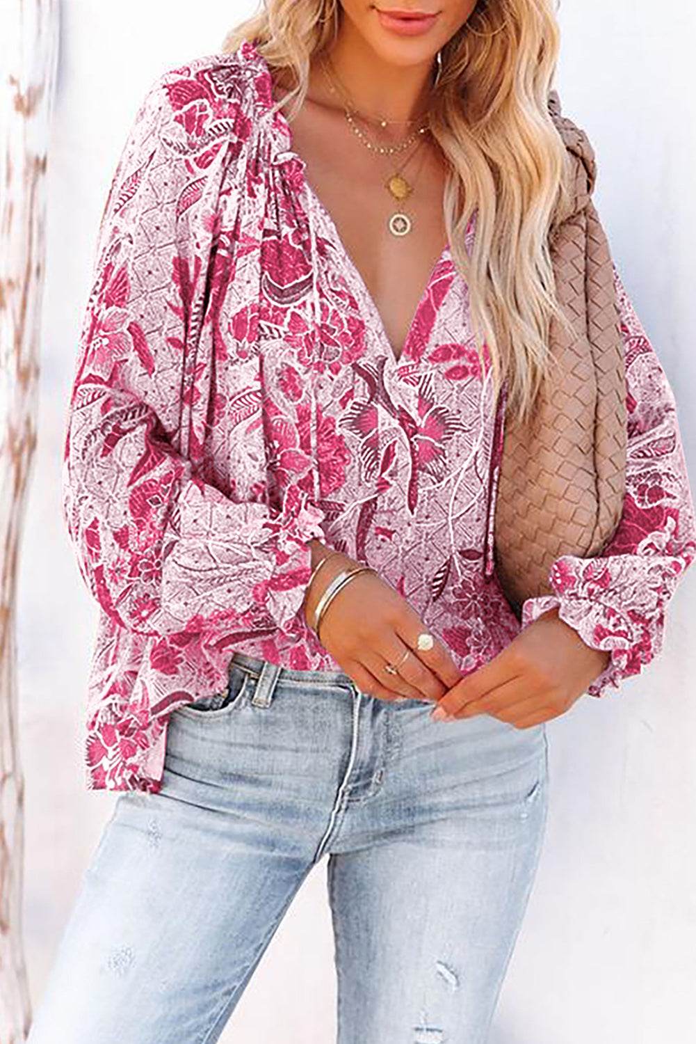 Floral Tie Neck Flounce Sleeve Blouse Cerise for a perfect OOTD – dress to impress outfits from Amexza