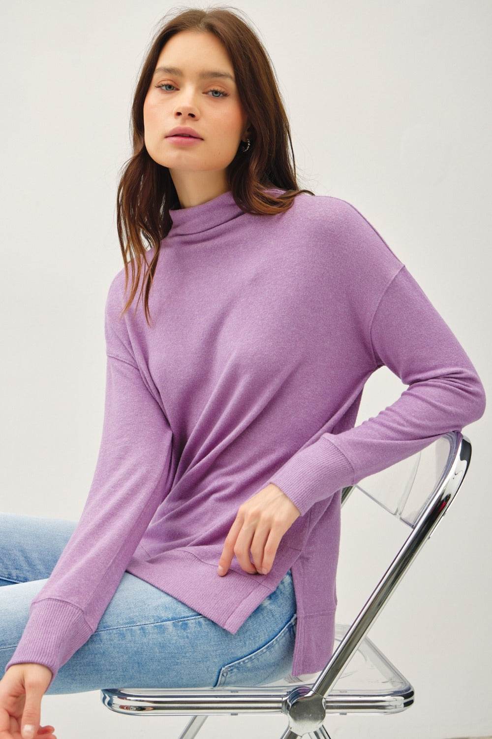 Be Cool Side Slit Mock Neck Long Sleeve Tunic Top Grape for a perfect OOTD – dress to impress outfits from Amexza