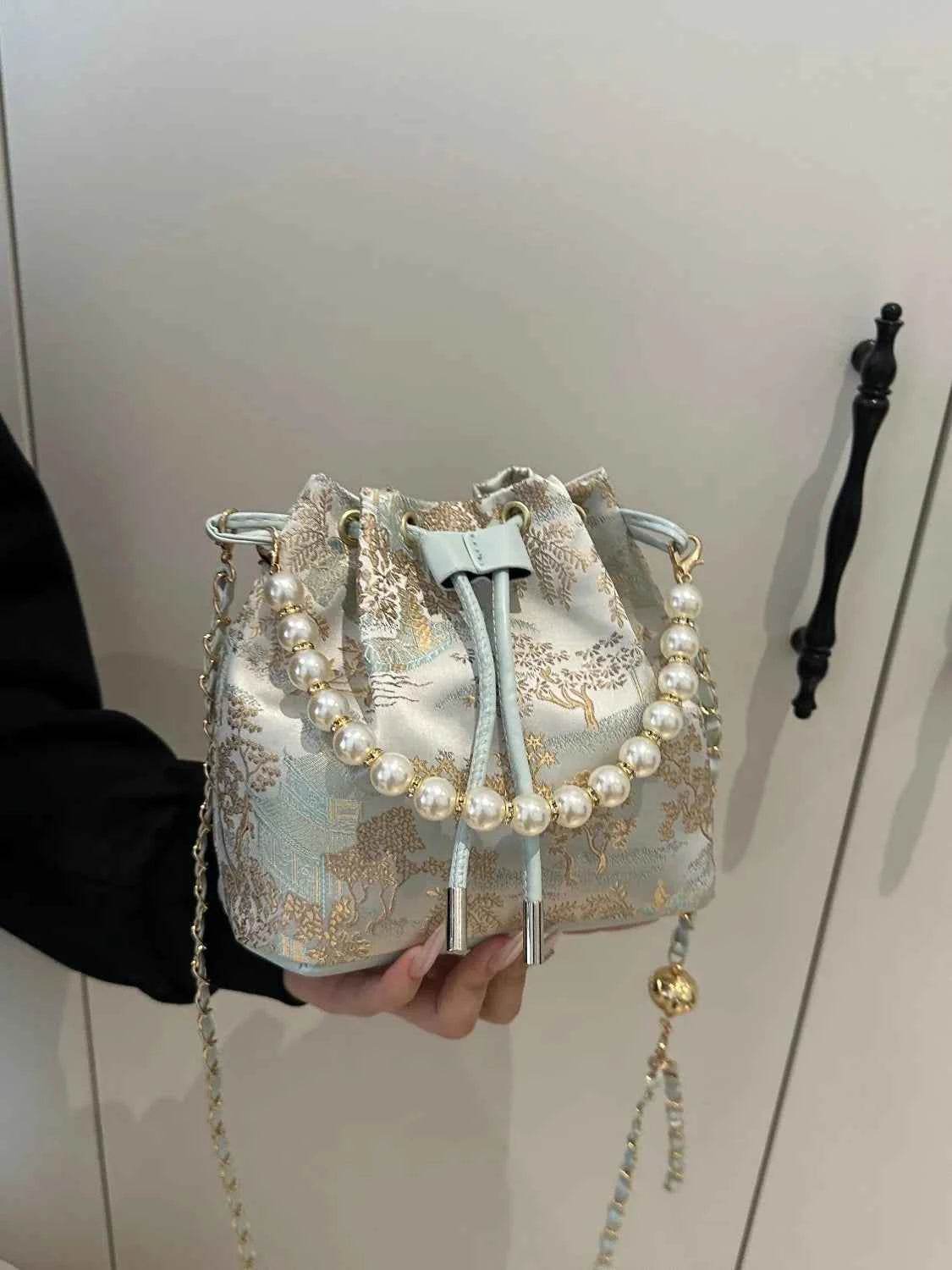 Drawstring Pearl Bucket Bag Light Blue One Size for a perfect OOTD – dress to impress outfits from Amexza