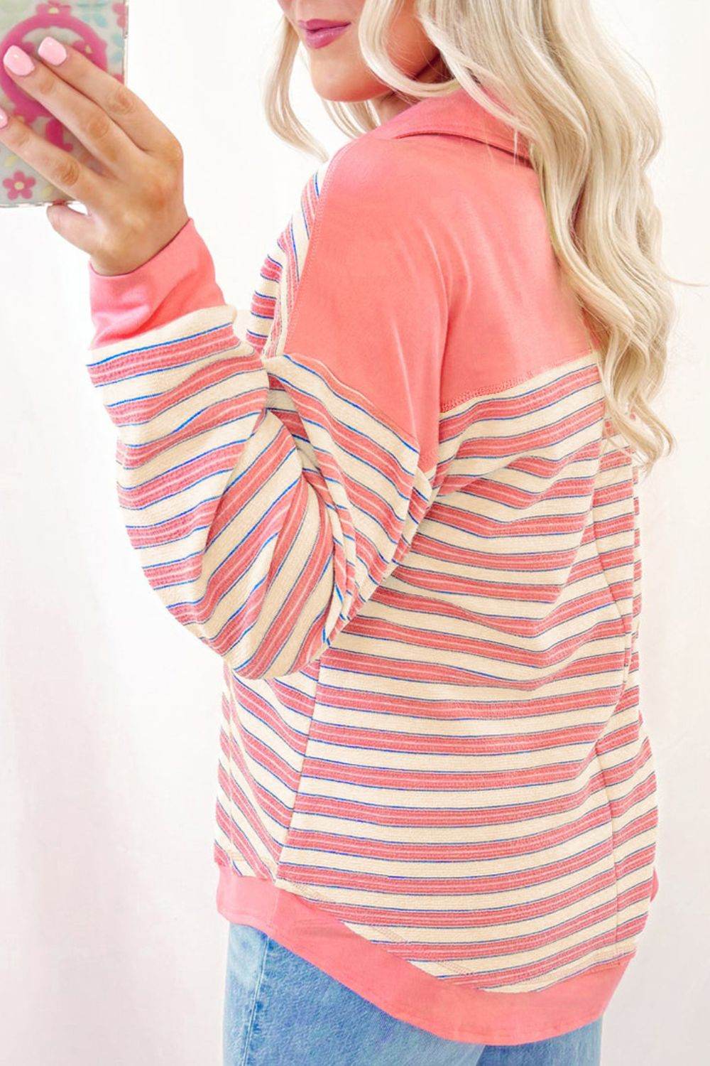 Striped Johnny Collar Long Sleeve Sweatshirt for a perfect OOTD – dress to impress outfits from Amexza