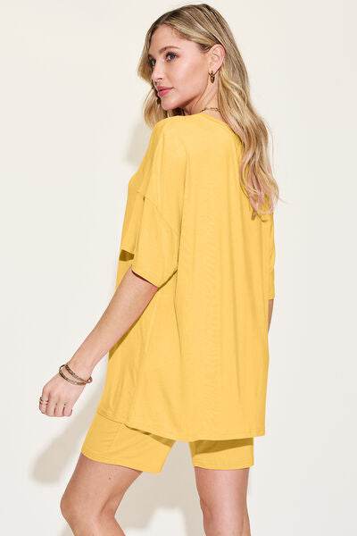 Basic Bae Bamboo Full Size V-Neck Drop Shoulder T-Shirt and Shorts Set for a perfect OOTD – dress to impress outfits from Amexza