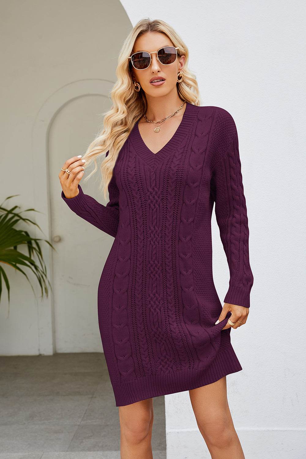 Cable-Knit Long Sleeve Sweater Dress Magenta for a perfect OOTD – dress to impress outfits from Amexza