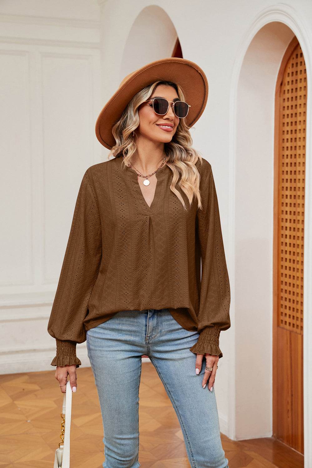 Notched Neck Flounce Sleeve Blouse for a perfect OOTD – dress to impress outfits from Amexza