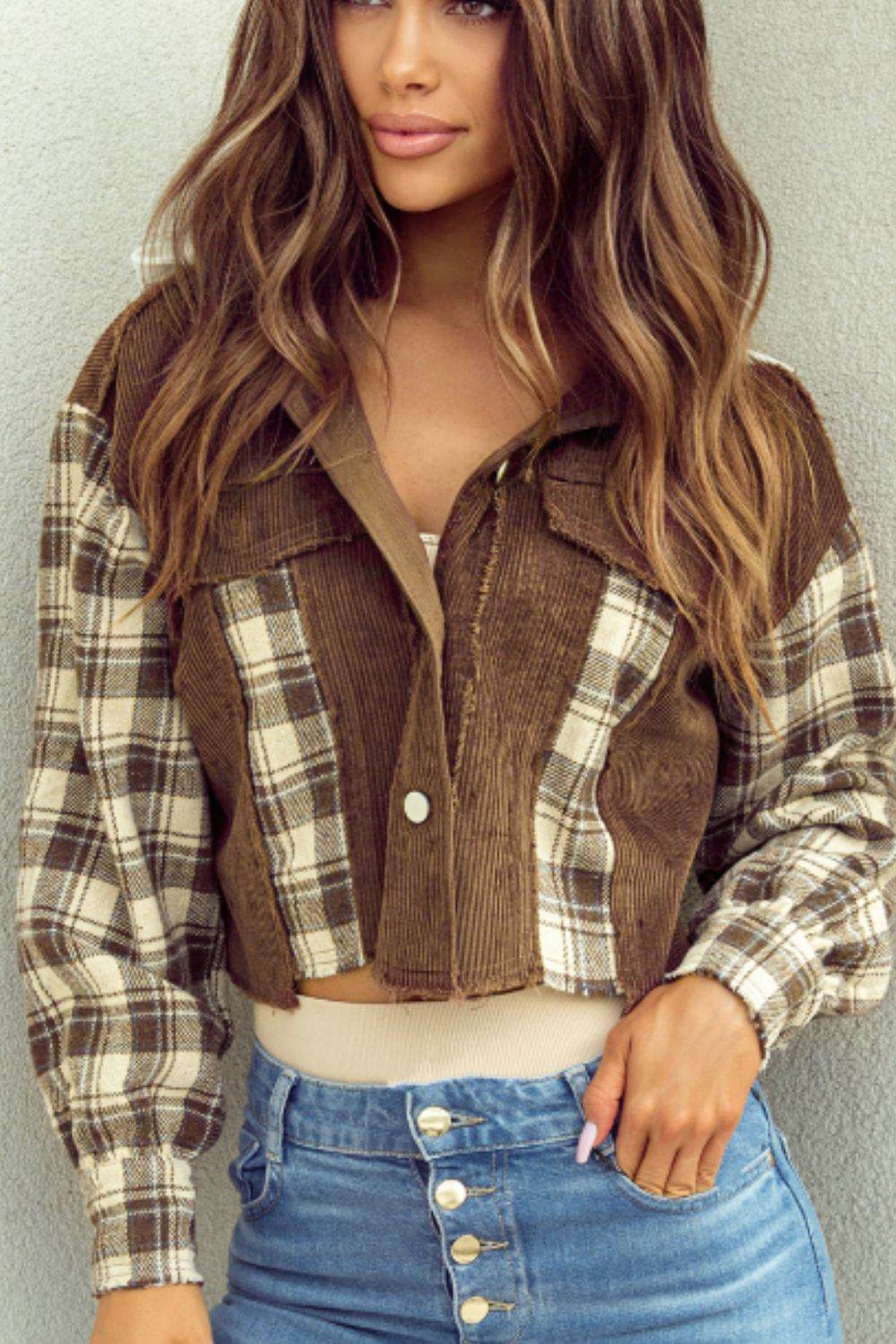 Raw Hem Plaid Cropped Hooded Jacket Brown for a perfect OOTD – dress to impress outfits from Amexza