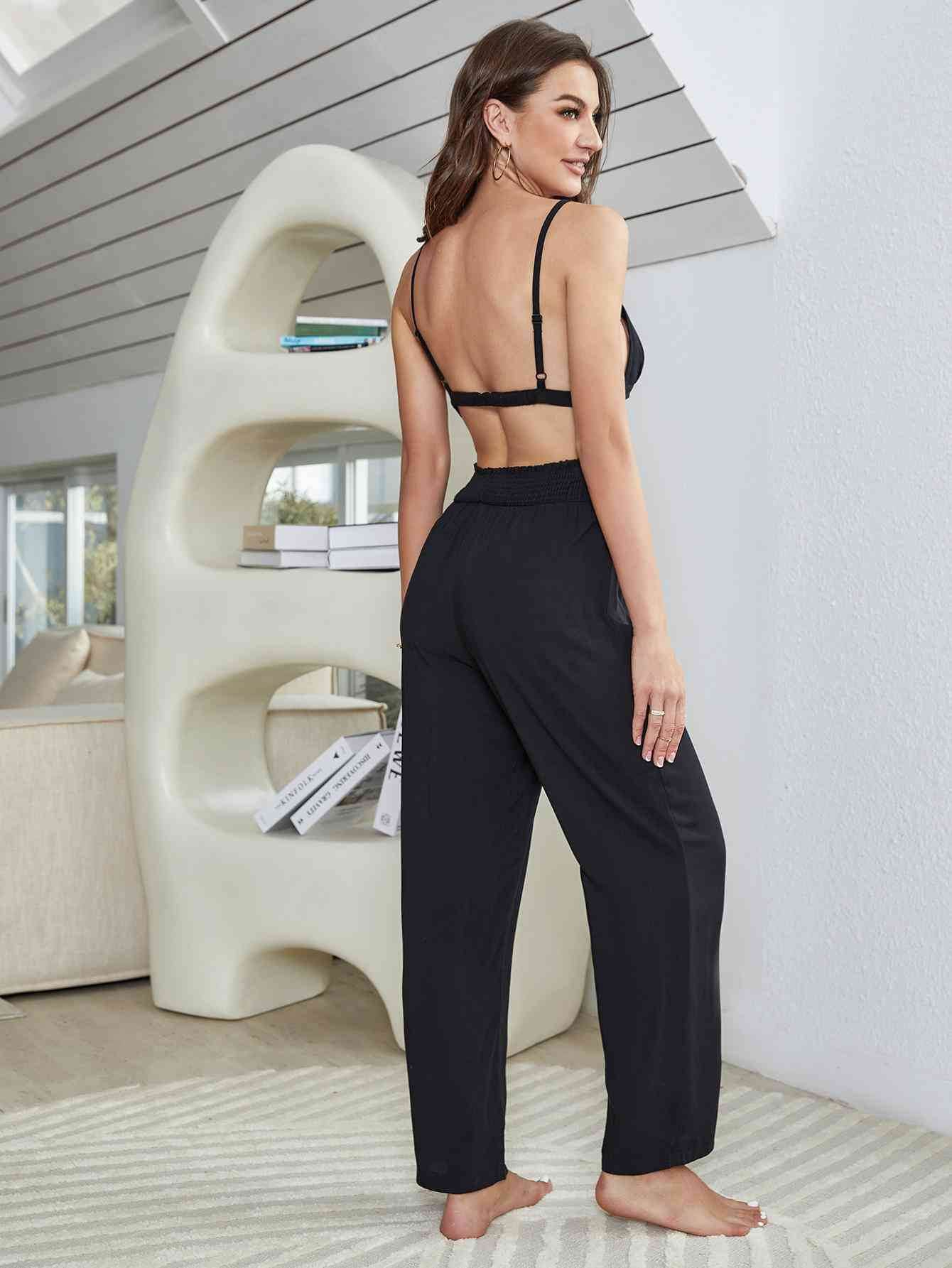 Short Sleeve Shirt, Bralette, and Pants Lounge Set - Amexza