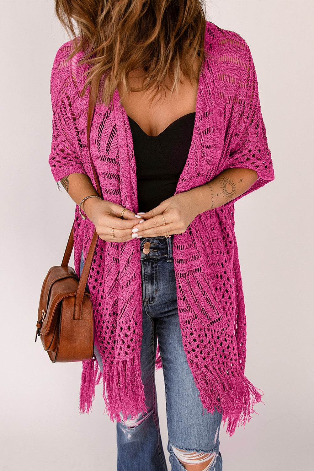 Openwork Open Front Cardigan with Fringes for a perfect OOTD – dress to impress outfits from Amexza