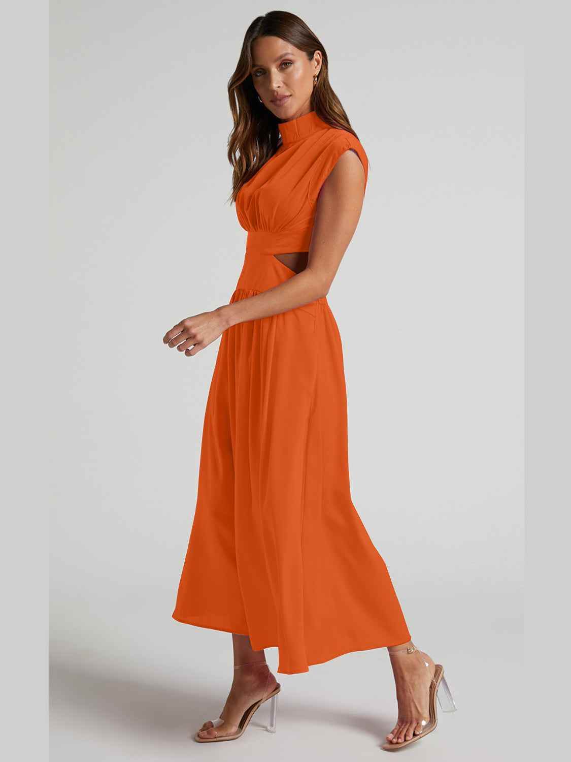Cutout Mock Neck Sleeveless Ruched Dress - Amexza