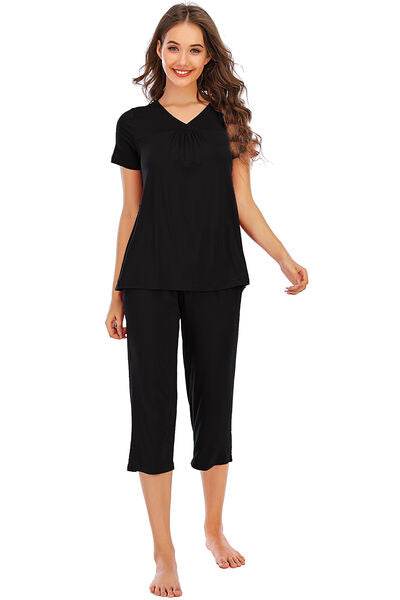 V-Neck Short Sleeve Top and Pants Lounge Set Black for a perfect OOTD – dress to impress outfits from Amexza