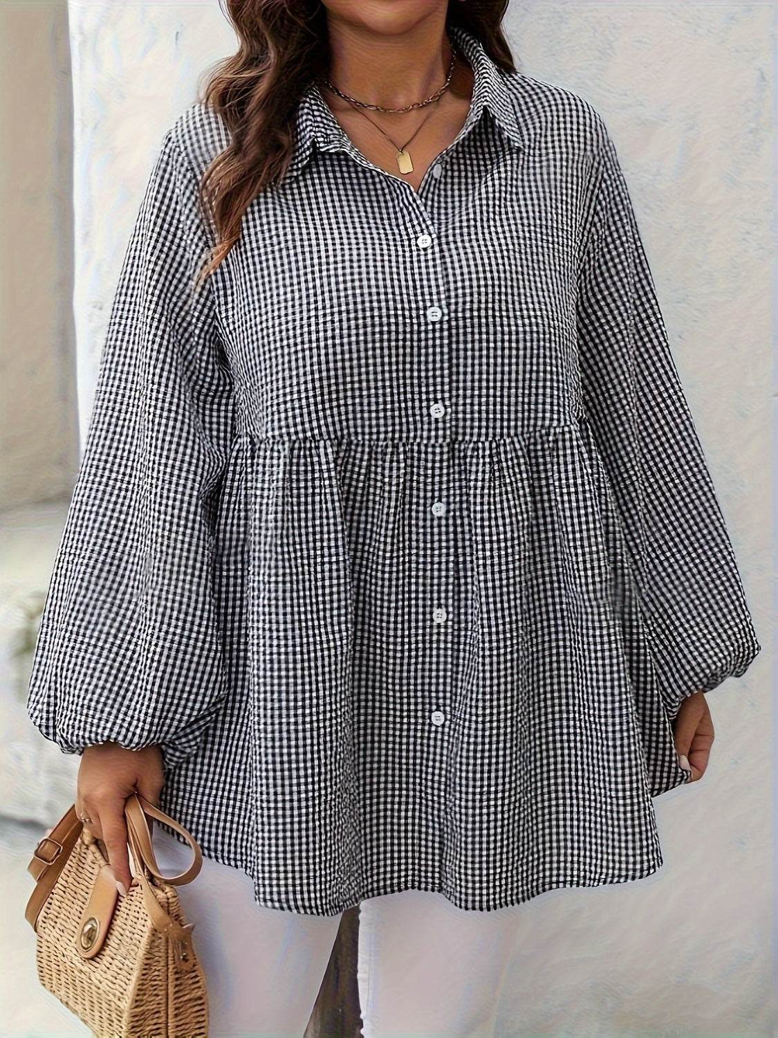 Plus Size Plaid Collared Neck Long Sleeve Shirt Black for a perfect OOTD – dress to impress outfits from Amexza