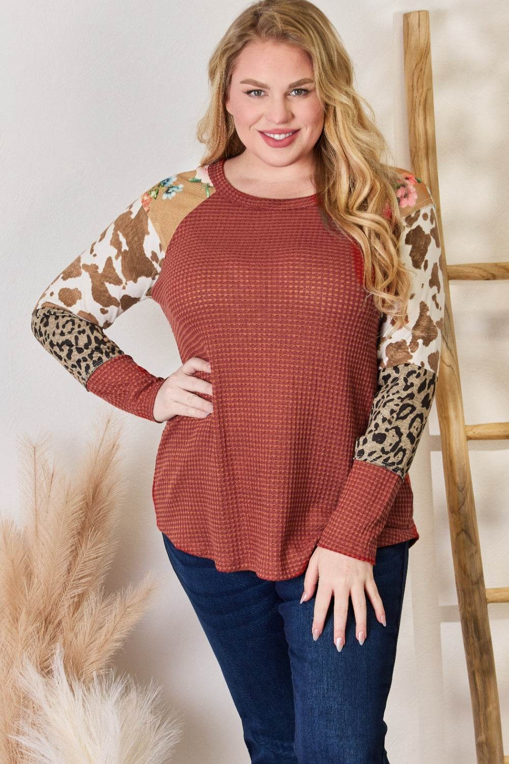 Hailey & Co Full Size Leopard Waffle-Knit Blouse RUST for a perfect OOTD – dress to impress outfits from Amexza