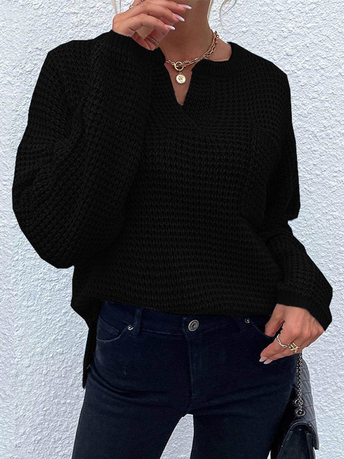 Notched Long Sleeve Sweater Black for a perfect OOTD – dress to impress outfits from Amexza