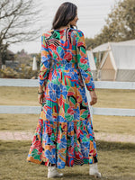 Printed Smocked Tie Neck Balloon Sleeve Maxi Dress - Amexza