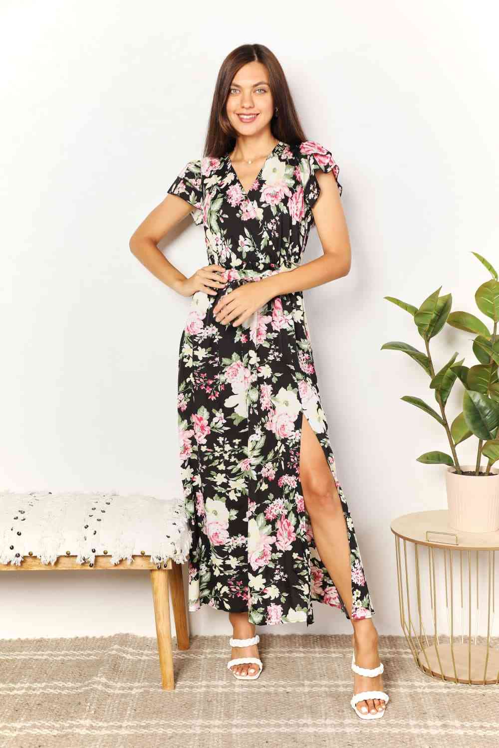 Perfee Floral Flutter Sleeve Tie-Waist Split Dress for a perfect OOTD – dress to impress outfits from Amexza