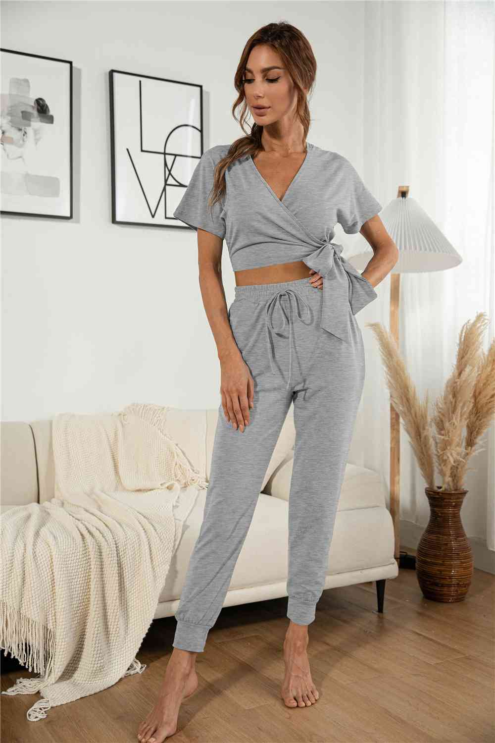 Knot Side Tee & Carrot Pants Set Gray for a perfect OOTD – dress to impress outfits from Amexza