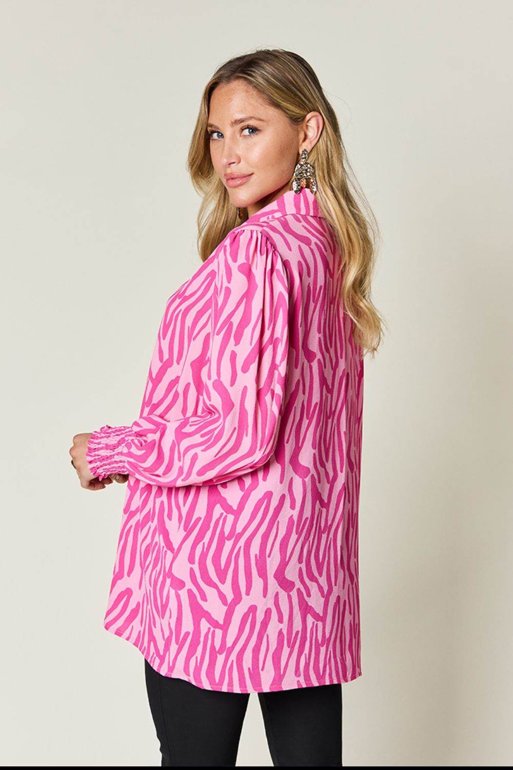 Double Take Full Size Printed Smocked Long Sleeve Blouse for a perfect OOTD – dress to impress outfits from Amexza