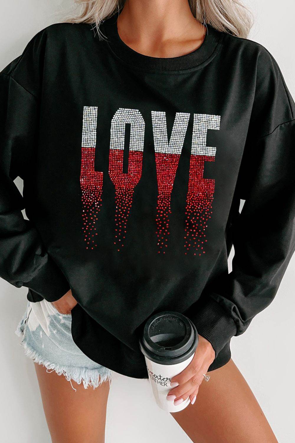 Rhinestone LOVE Round Neck Long Sleeve Sweatshirt Black for a perfect OOTD – dress to impress outfits from Amexza