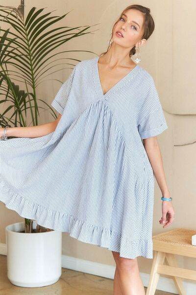 ADORA Ruffled Hem Striped V-Neck Babydoll Dress for a perfect OOTD – dress to impress outfits from Amexza