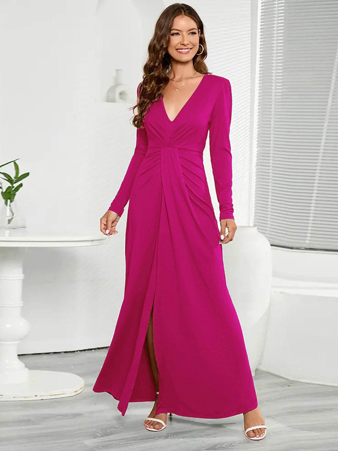 V-Neck Long Sleeve Split Dress Hot Pink for a perfect OOTD – dress to impress outfits from Amexza