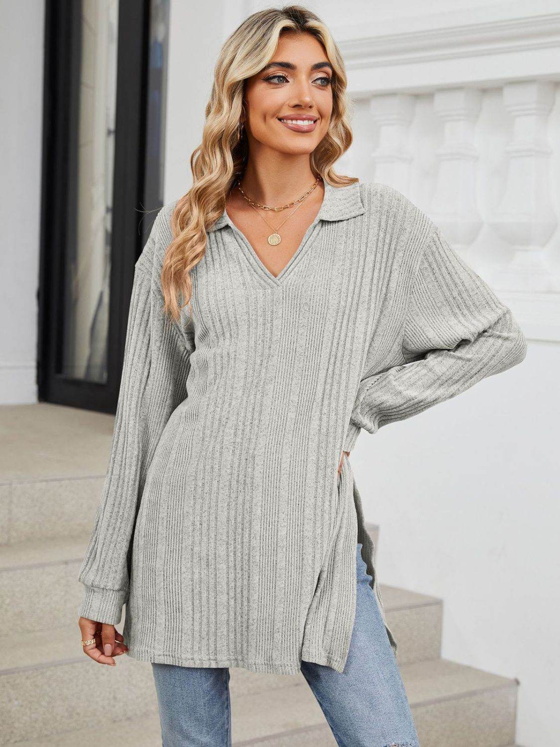 Slit Johnny Collar Long Sleeve T-Shirt for a perfect OOTD – dress to impress outfits from Amexza