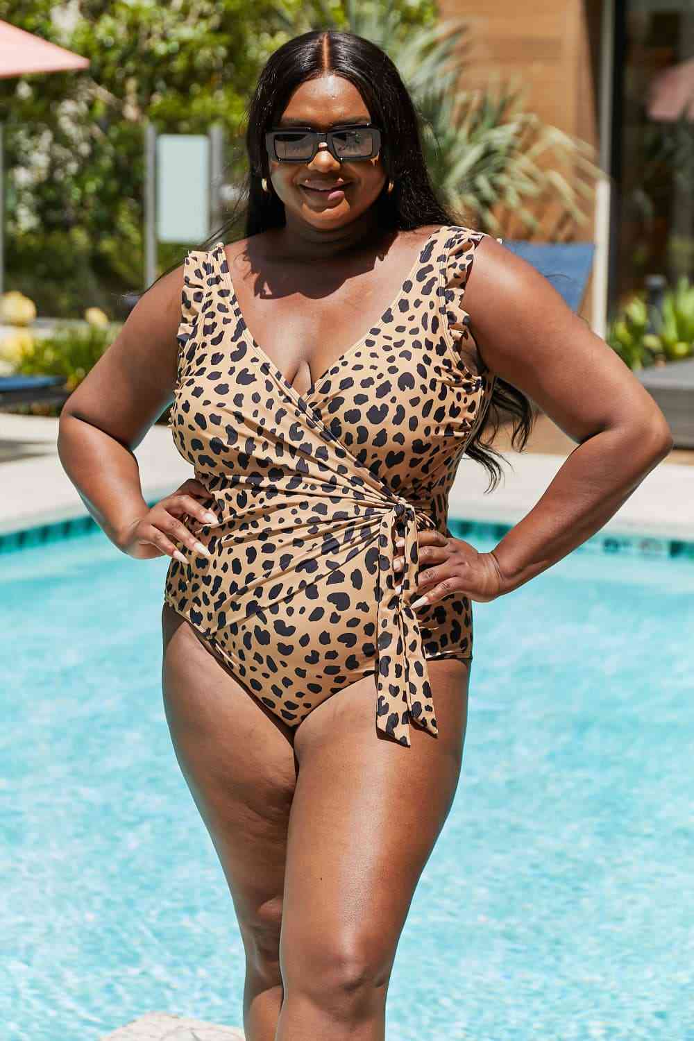 Marina West Swim Full Size Float On Ruffle Faux Wrap One-Piece in Leopard for a perfect OOTD – dress to impress outfits from Amexza