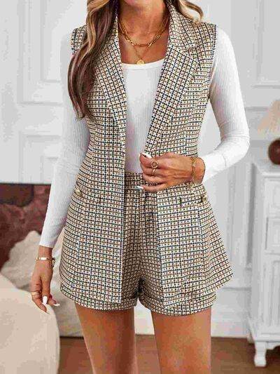 Tied Plaid Collared Neck Vest and Shorts Set - Amexza