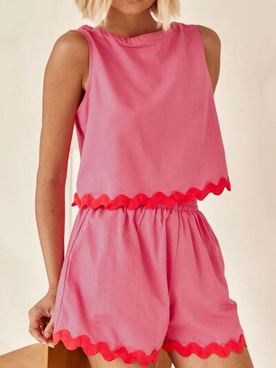 Contrast Trim Round Neck Tank and Shorts Set Fuchsia Pink for a perfect OOTD – dress to impress outfits from Amexza