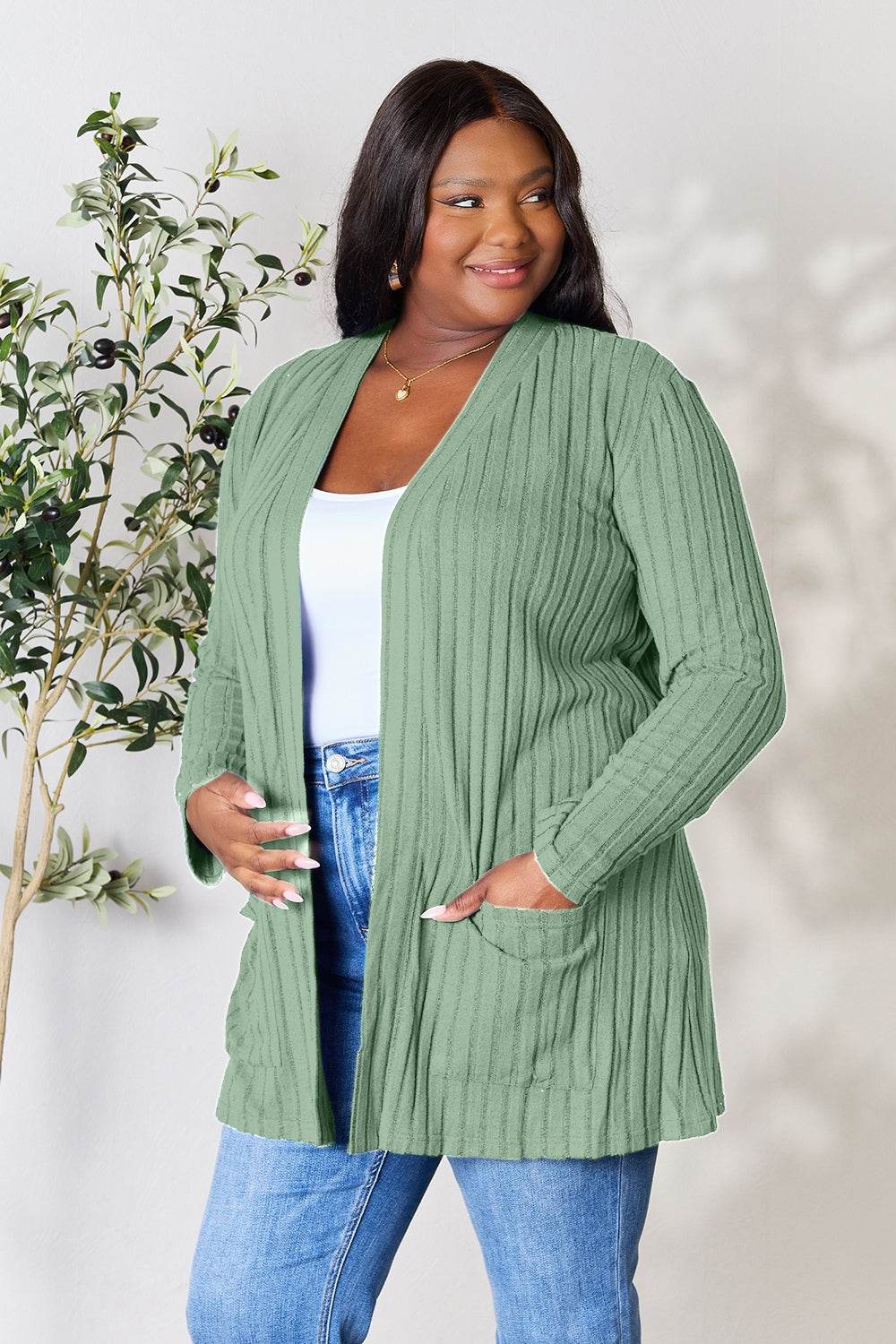 Basic Bae Full Size Ribbed Open Front Cardigan with Pockets for a perfect OOTD – dress to impress outfits from Amexza